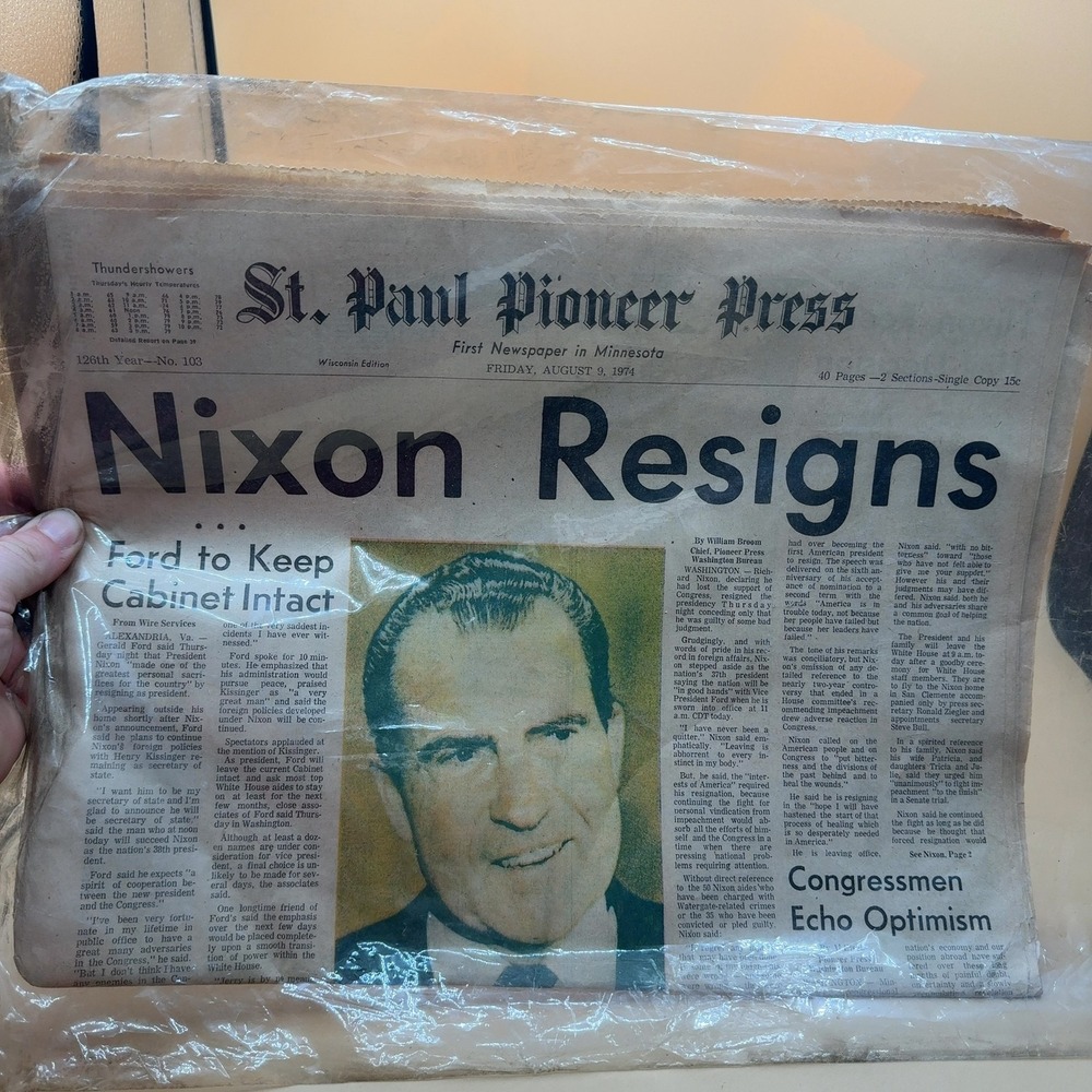 St. Paul Pioneer Press Newspaper August 9 1974 Nixon Resigns Front Page Vintage